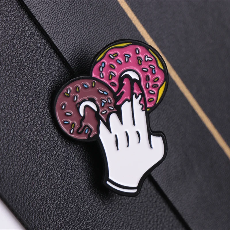 Chic Donut & Finger Art Enamel Pin - Punk/Minimalist Style Alloy Brooch for Hats, Backpacks