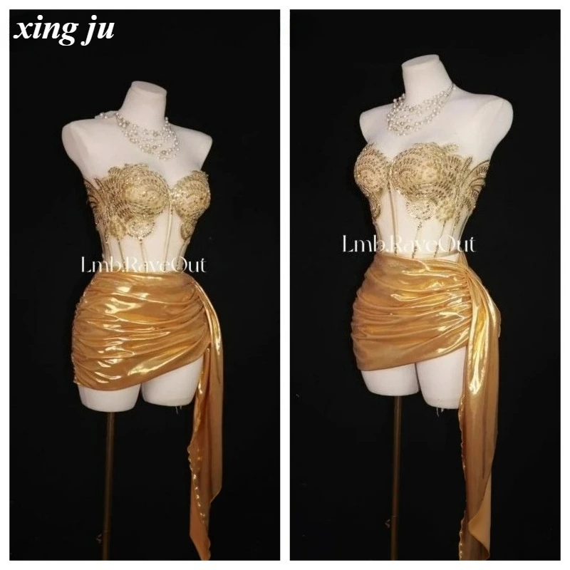 

Костюм для выступлений Xing Ju: Золотое кружевное платье с пайетками для женщин, сексуальный наряд для диджеев, певиц, танцовщиц, для ночных клубов и вечеринок