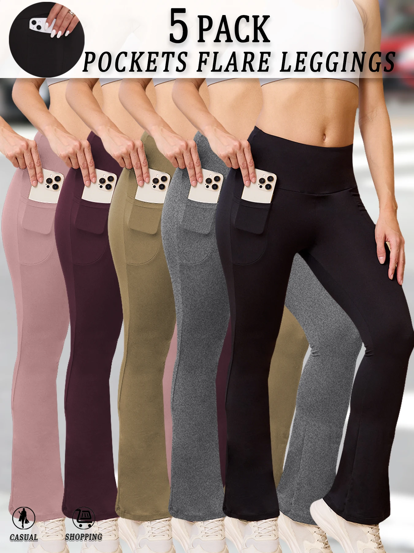 

5 Pack Women's Super Soft Flare with Pockets High Waisted Tummy Control Workout Yoga Push Up Gym Fitness Leggings Bell Bottoms