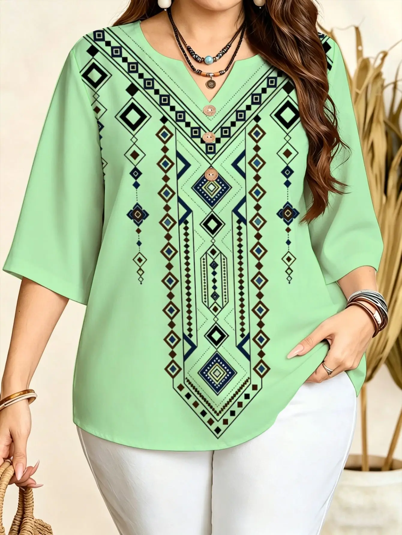 Boho Ethnic Tribal Diamond Geometric Print Women Blouse Notch V Neck 3/4 Sleeve Casual Shirts 5 Color Options Available