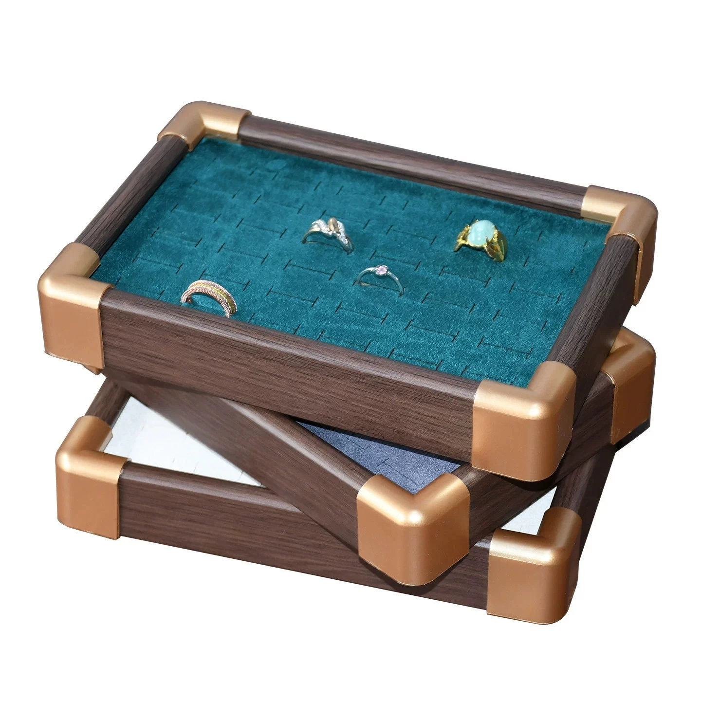 Fashion 36 Slots Ring Display Tray Wooden Velvet Stud Earrings Ring Bracelet Jewelry Storage Trays Counter Window Showcase Props