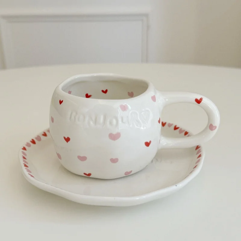 Hand-painted Ceramic Mug & Saucer Love Heart Flower Pattern Coffee Cup Fruit Salad Plate Afternoon Tea Cups Creative Gifts Decor