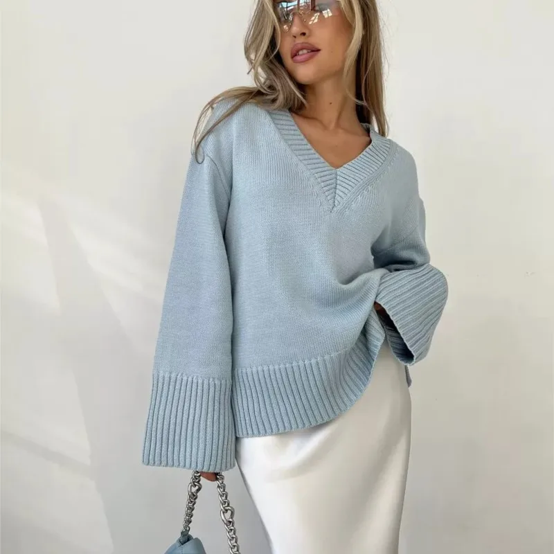 

Lazy Casual Sweaters Fashionable Solid Color V-neck Splicing Long-sleeved Loose Pullover Sweaters Daily Commuting Women's Wear
