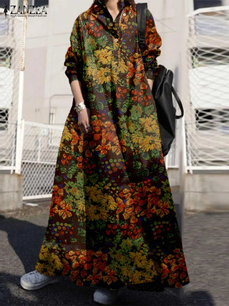 ZANZEA-Vestido veraniego de otoño para mujer, Vestido bohemio de manga larga con cuello de solapa, Vestido holgado de algodón con estampado Floral Vintage para vacaciones 2024