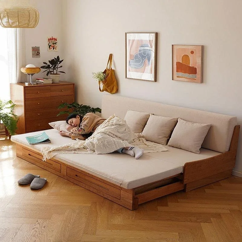 خشب الكرز للجلوس والاستلقاء ثنائي الغرض، أريكة سرير جميع أنواع الخشب الصلب القابلة للسحب، قماش تكنولوجيا تخزين شقة صغيرة