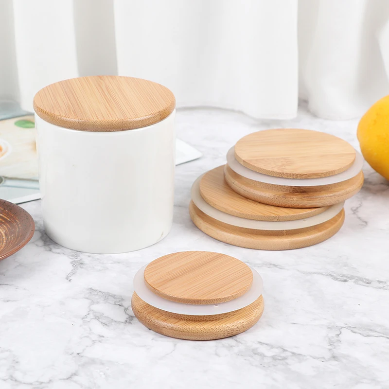 Wooden Jars Lids Silica Gel Circle Seal Up Lids Flower Wood Cover Canister Wooden Bamboo Lid Cup Lid