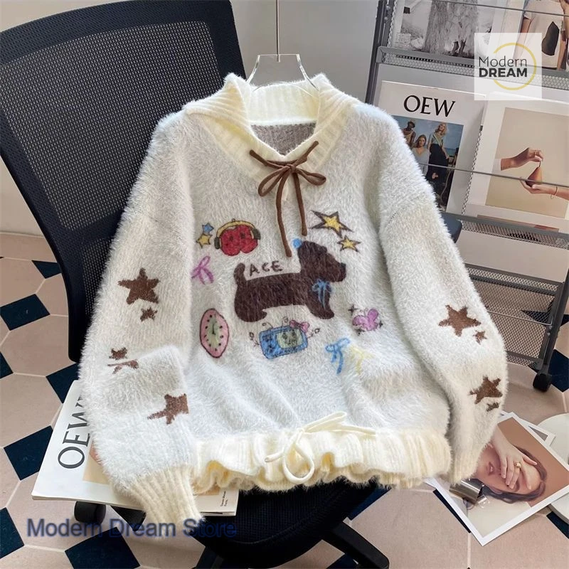 

Japanese style cartoon dog Jacquard pullover sweater women's autumn and winter new sweet fashion loose top pullover sweater