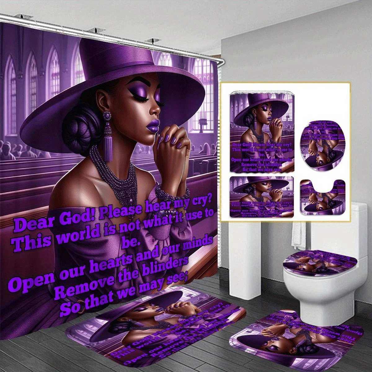 

Элегантный фиолетовый женский комплект занавесок для душа с принтом из четырех предметов — современный декор для ванной комнаты для стильной и вдохновляющей атмосферы