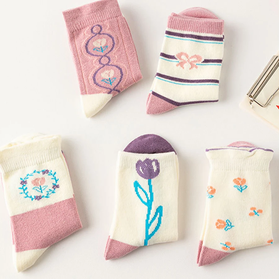 5 paia/lotto autunno inverno nuovi calzini per bambini coreano ins Style Purple Flower calzini per bambini All-match Casual ragazzi e ragazze calzini