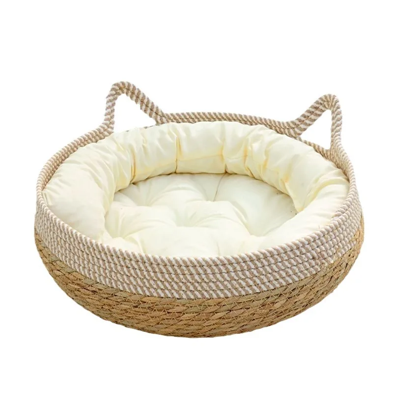 OUZEY 2024 New Rattan Woven Cat Bed Pet Nest All Seasons Comfortable Sleeping 35/40cm Cat Nesk Round Cat House Puppy Dog Bed