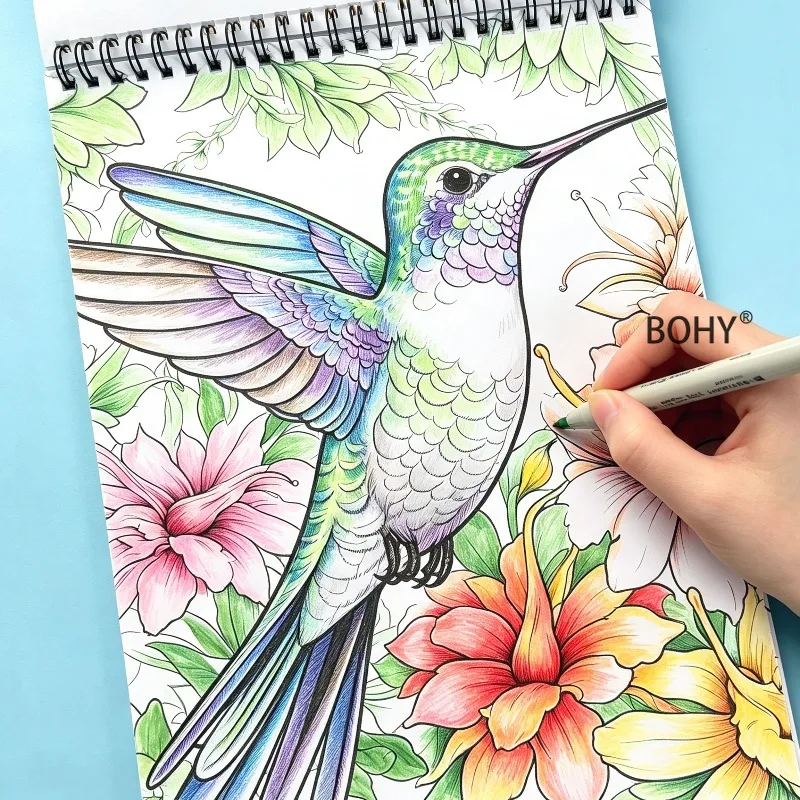 1 Large-sized Natural Style Painting Book, Include Art Drafts with Themes Such As Flying Hummingbirds/blooming Flowers, 32 Pages
