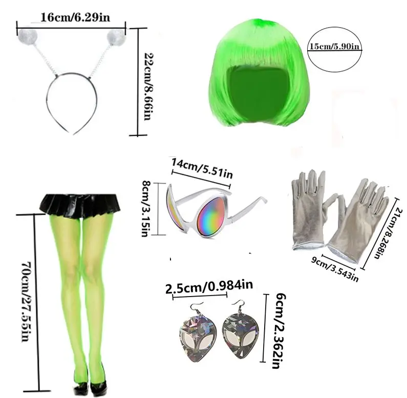 Conjunto de acessórios para fantasia de alienígena - bandana de antena, brincos, colares e luvas - adequado para festas, Halloween,