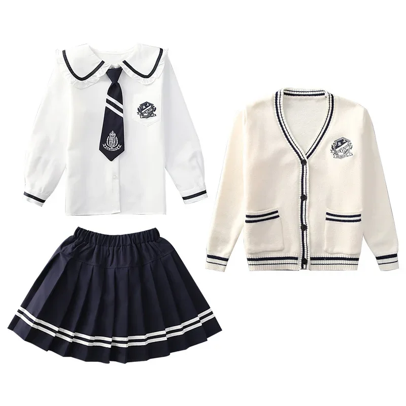 Japan School Uniform Girls Sweater Coat Shirts Plaid Pleated Skirts 3Pcs JK Suit Spring Autumn Cotton Knitted Sweater Cardigan