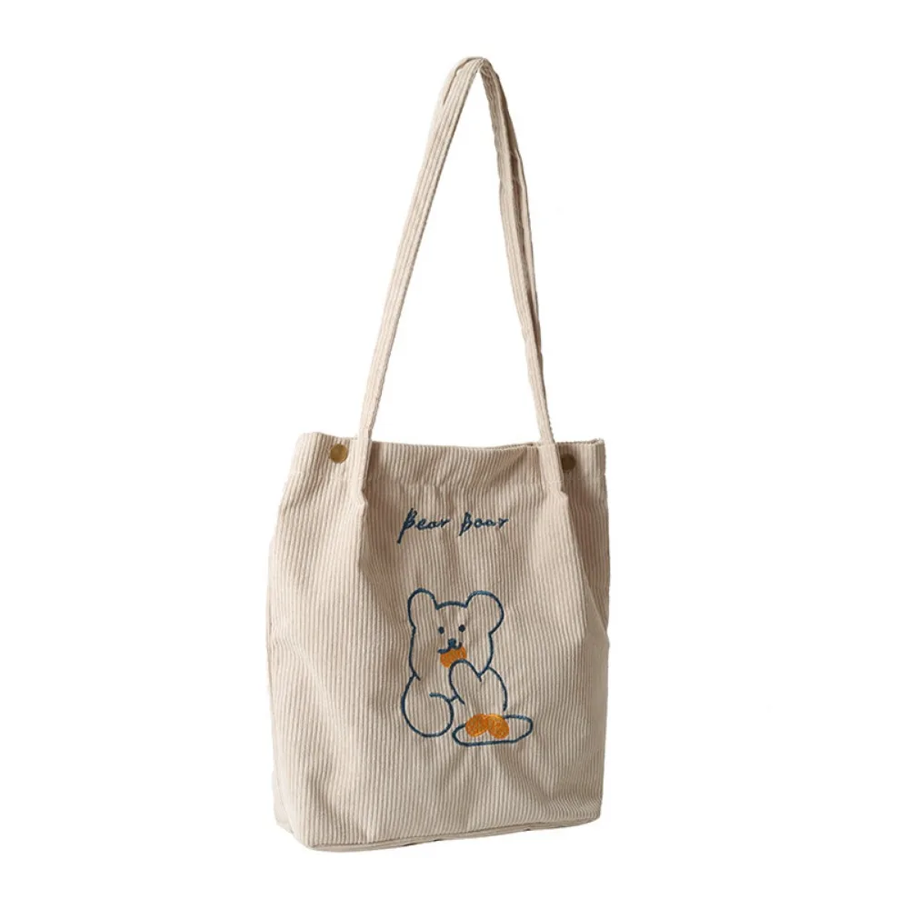 

Casual Kawaii Corduroy Women's Bag Reusable Foldable Women Shoulder Bag Lightweight Bear Embroidered Shopping Handbag Outdoor