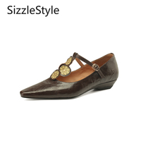 Temperament Genuine Leather Pointed T-shaped Buckle with Flower Decoration Shallow Thick Heel Ladies Single Shoes