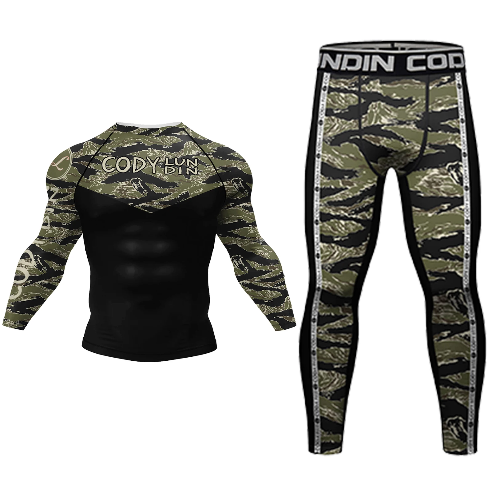 Cody Lundin Men's Quick drying Elastic Tight sports rashguard Set Camo Printed Muay Thai Jujutsu MMA Gym Training Sportswear