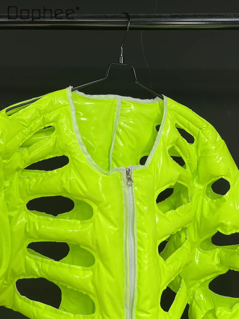 2025 New Glossy Pu Street Dance Jackets for Men Three-dimensional Tailoring Hollow Vest Jacket Trendy Thickened Men Clothing