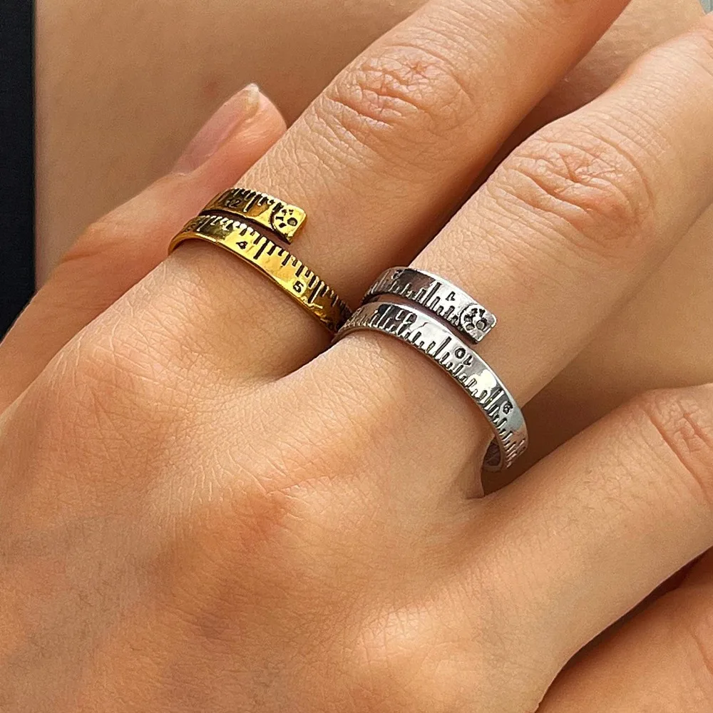 Creative Tape Measure Shape Open Rings Ruler Scale Engraved Adjustable Wrap Ring for Women Fun Unique Statement Finger Jewelry