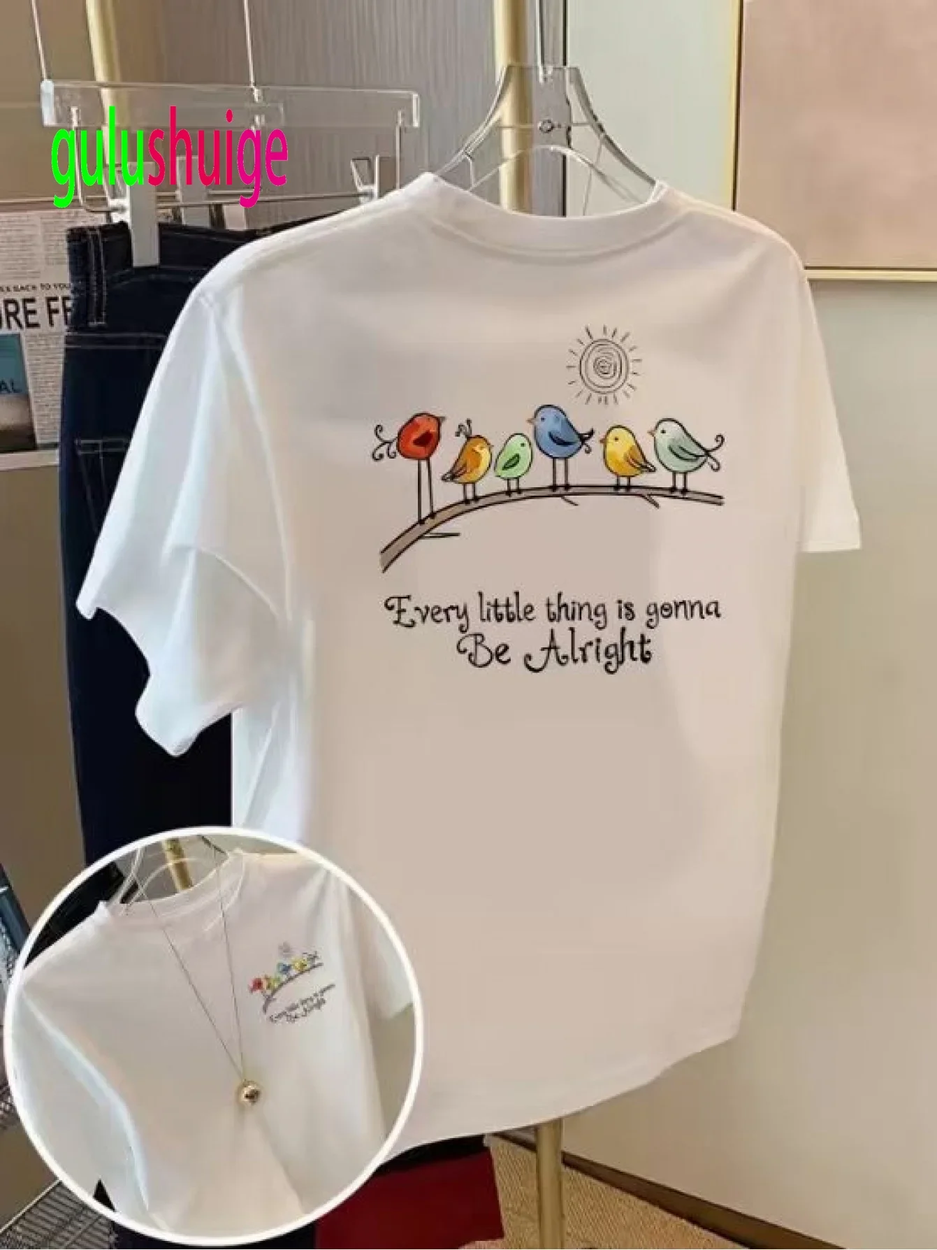 Women's Casual T-Shirt with Every Little Thing Is Gonna Be Alright Bird Print Double-Sided Front and Back Funny T Shirt Clothes
