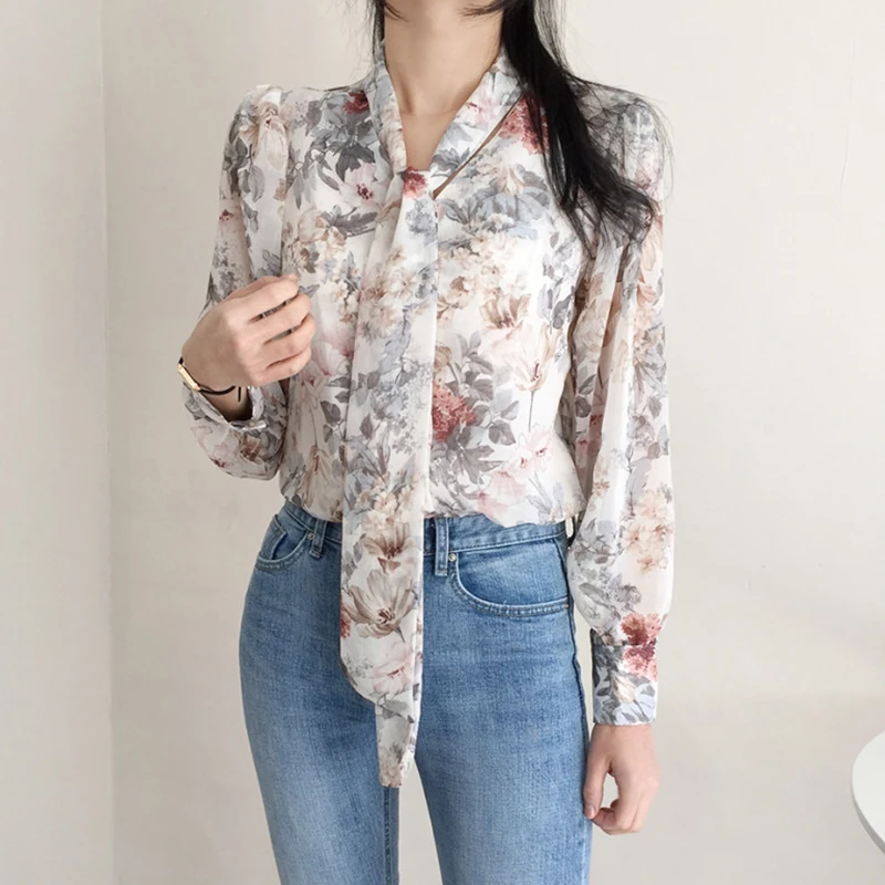 Chic Chiffon Shirts Long Sleeve Printed Floral Tie Blouse Female 2025 New Loose Casual Office Ladies Tops