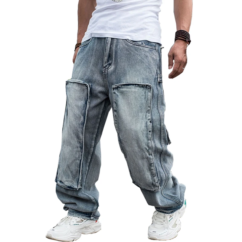 Men's Straight Denim Cargo Pants Biker Jeans Men Baggy Loose Blue Jeans With Side Pocket Hip Hop Skate Pants