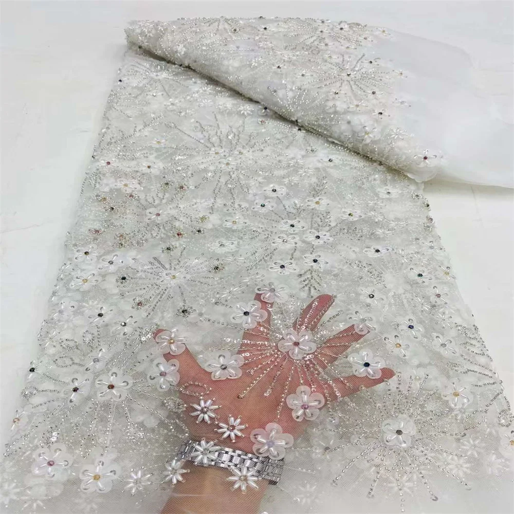 

Latest African Mesh Beaded Lace Fabric 2024 High Quality Lace With Sequins Nigerian Lace Fabric For Wedding Dress Party 5 Yards