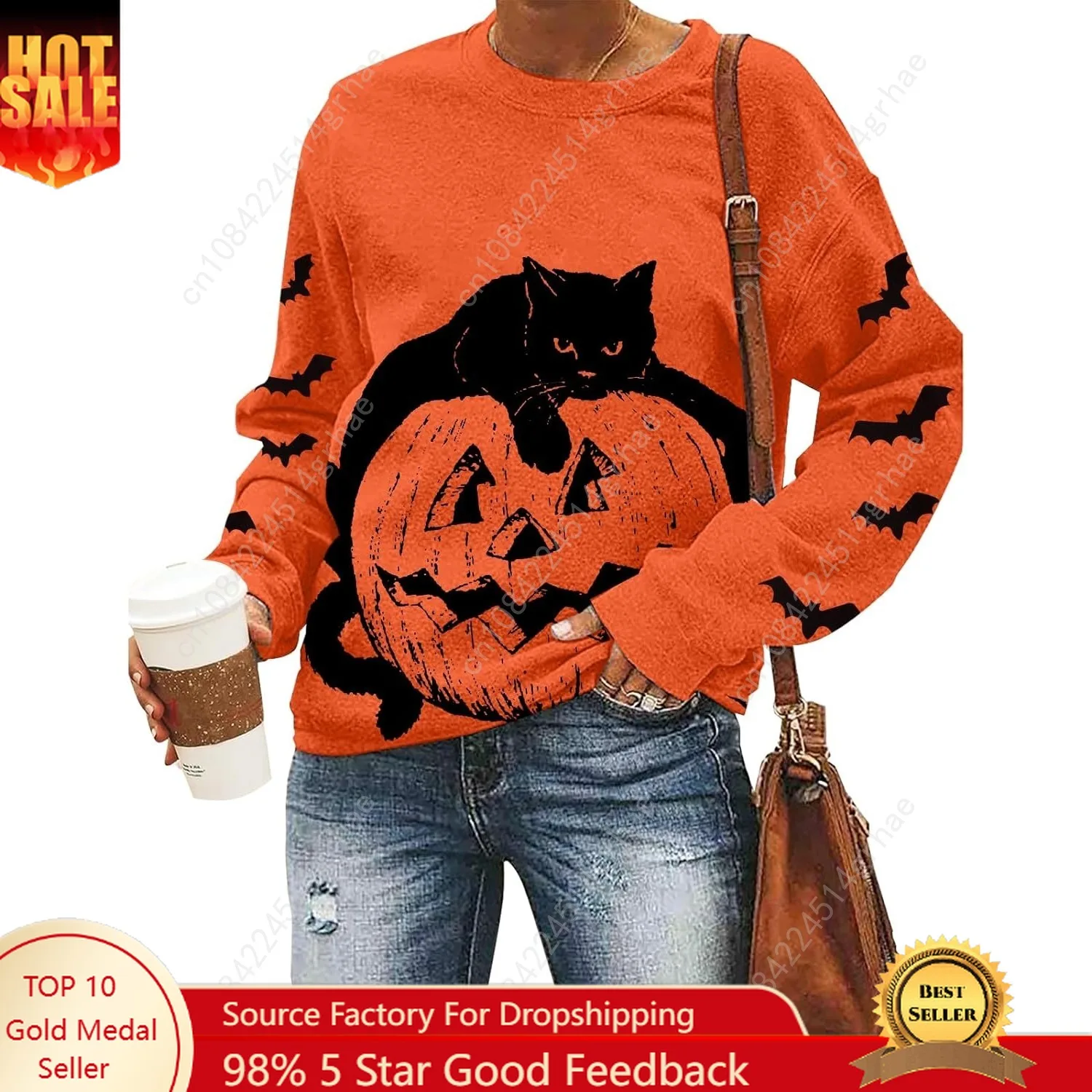 Gato preto em abóbora moletom moletom de Halloween para mulheres outono abóbora rosto camiseta leve pulôver tops