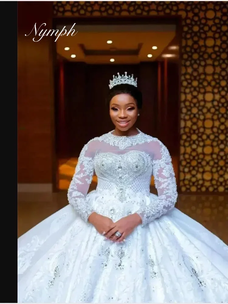 Col haut cristaux brillants africains Appliques robes De mariée 2025 Robe De bal à manches longues robes De mariée Robe De Mariée personnalisée
