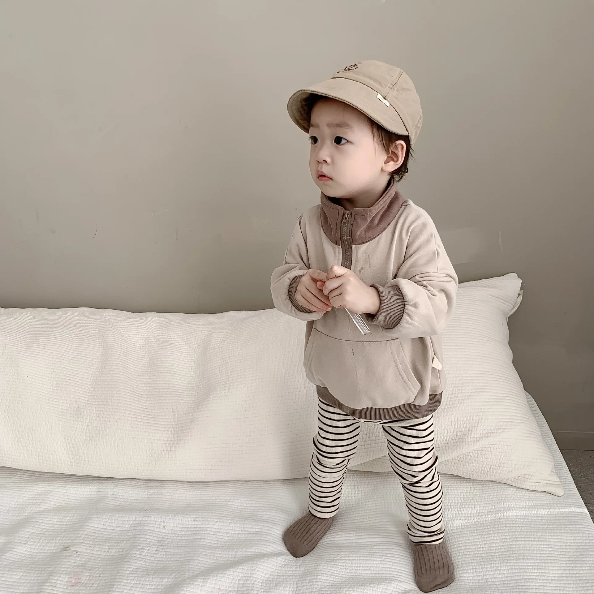 Collar Zipper Hoodie Leggings Two-piece Set Khaki Black Tops Pants Sets Autumn Clothes Korean Version Children Clothing Baby