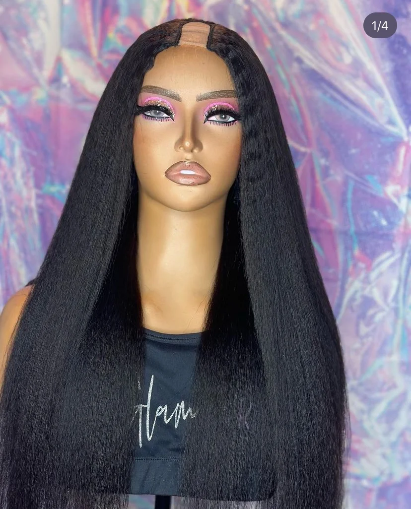 Long Natural Black 1x4  V Part Wig Kinky Straight Human Hair Yaki Straigh U  part Wig 200% Density Full End Machine None Lace