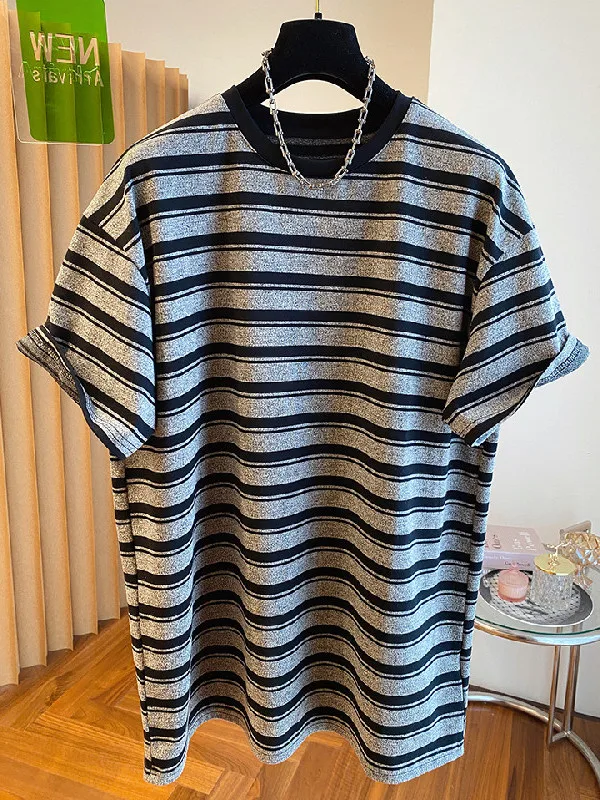 

plus Size Women's T-Shirt Summer Loose Fit Striped Short Sleeve Natural Hem French Style Polyester Fiber round Neck Top