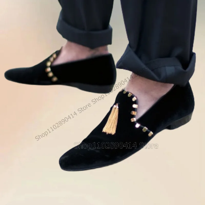 

Gold Rivets Tassels Decor Black Flock Penny Loafers Fashion Slip On Men Shoes Luxurious Handmade Party Banquet Men Casual Shoes