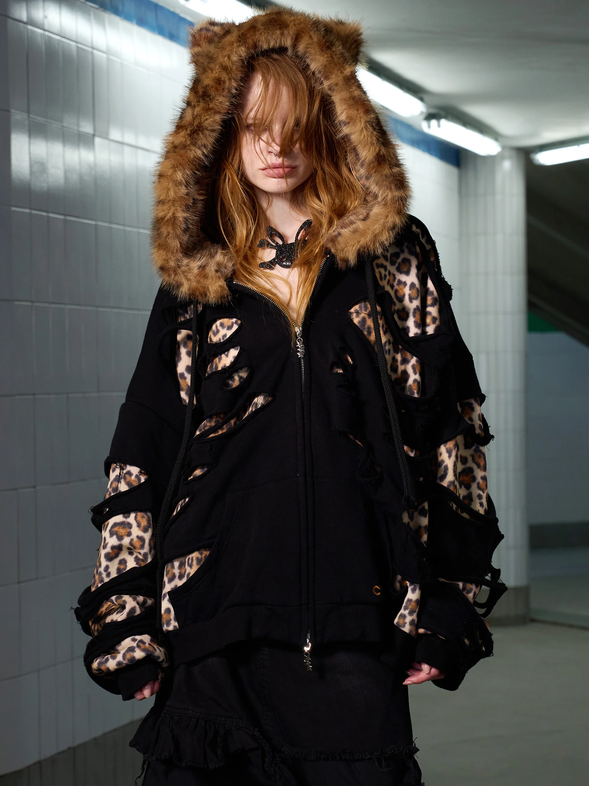 

Женская толстовка CFIERCE с двойным слоем, леопардовым принтом и рваными элементами, свободного кроя, с длинными рукавами, на молнии, из хлопка и полиэстера