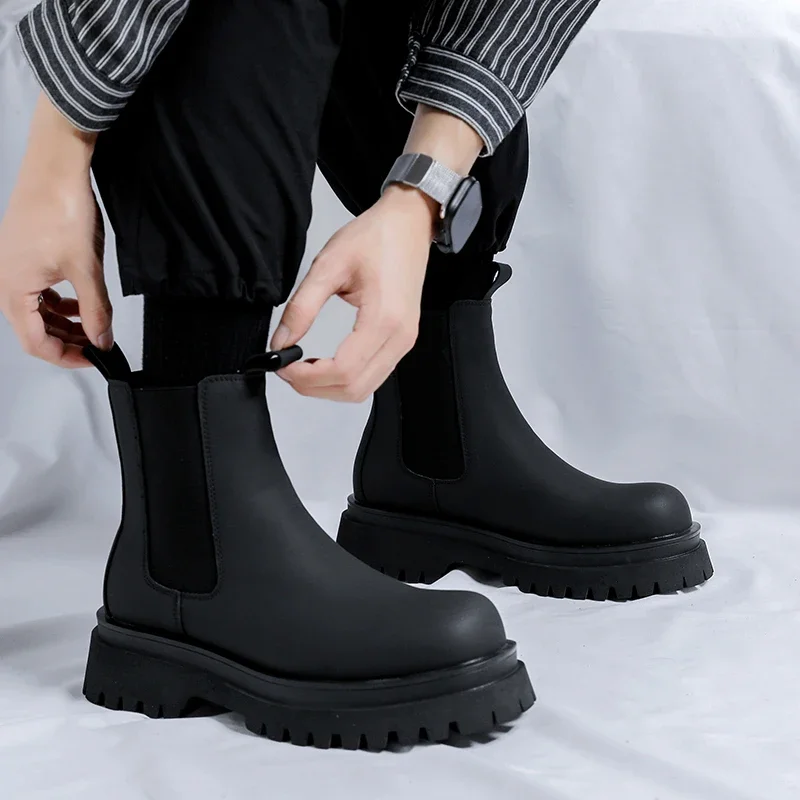 2023 Platform Black High Top Boots Men High Heel Genuine Leather Ankle Chelsea Boots Men Punk Shoe Thick Bottom Botas De Mujer