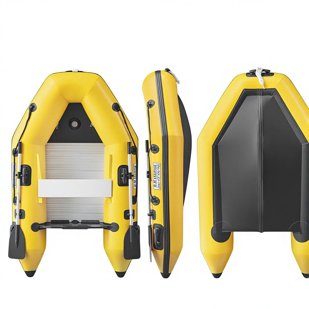 China Professional PVC Yellow Inflatable Fishing Boat 2.3m 3.8m Armor Bottom Covered Aluminum Boat Bottom And Brushed Bottom