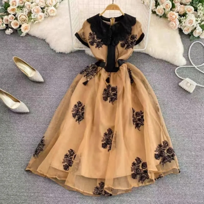 Summer Korean Version Socialite Temperament Lapel Tassel Lace-Up Embroidery Dress Women Fashion Elegance Party Dresses Vestidos