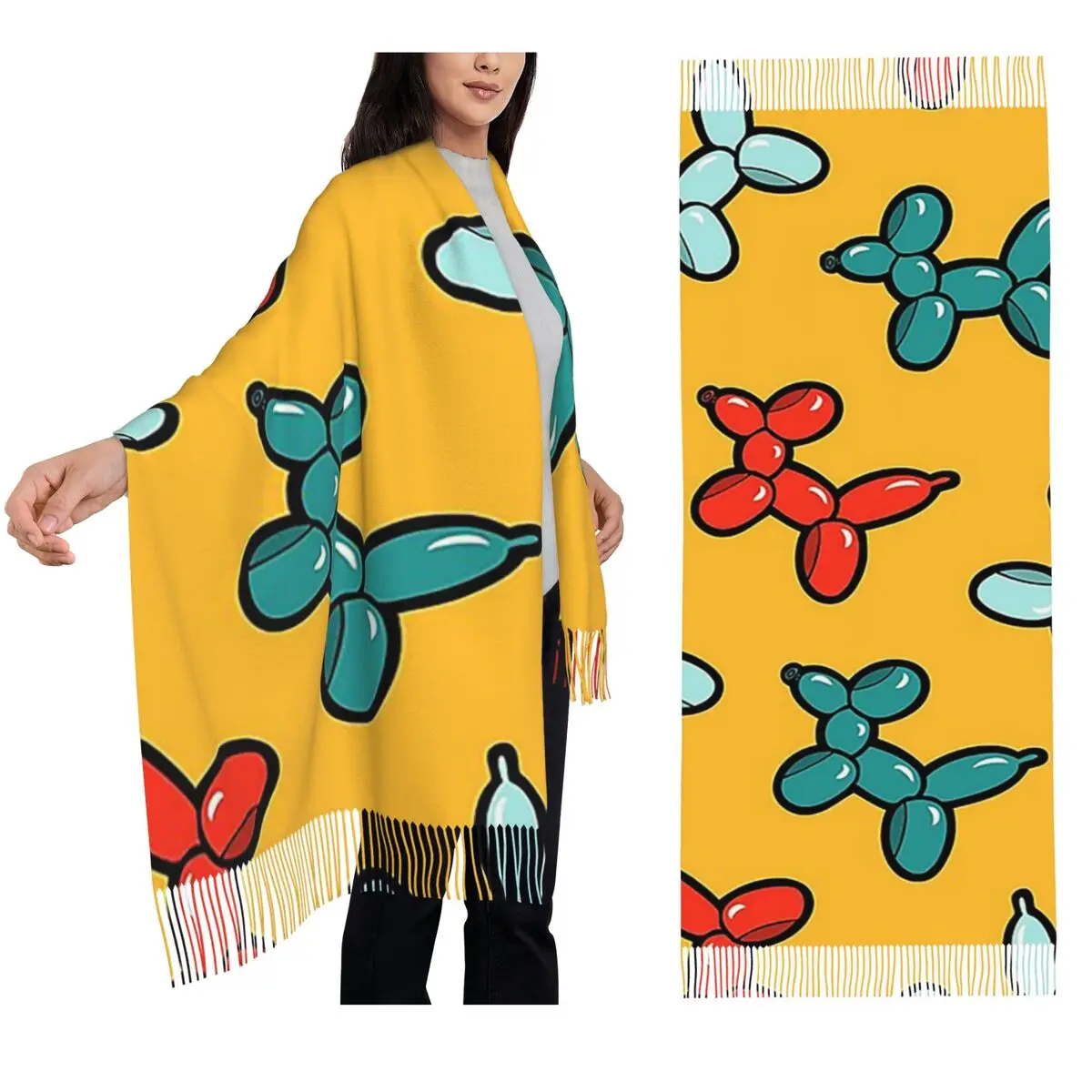 

Желтый шарф с рисунком собак из воздушных шаров, шарфы с кисточками для женщин, мягкие теплые шали и накидки, большая осенне-зимняя шаль