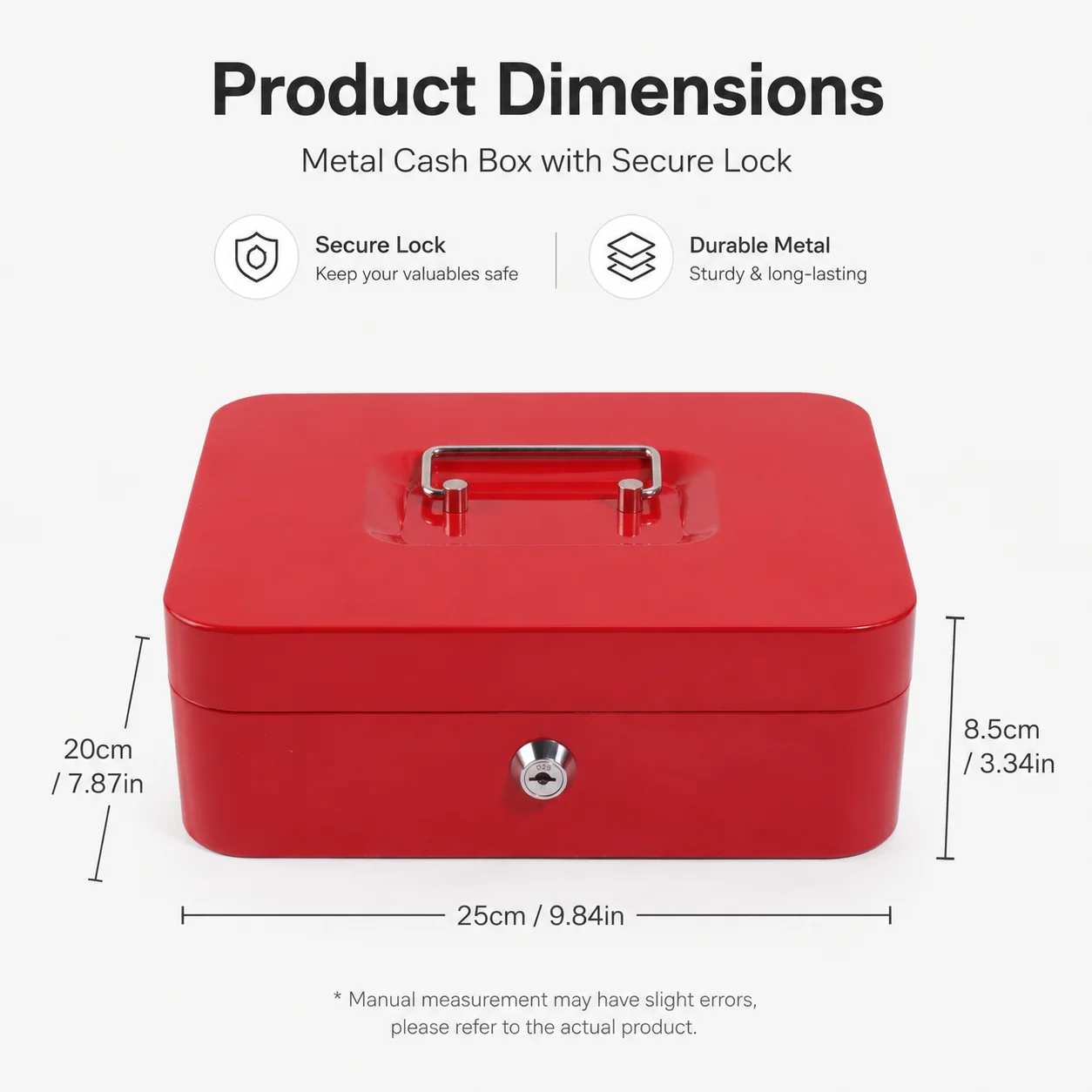 Portable Metal Cash Box With Lock And Removable Tray Large Capacity Money Organizer For Cash Coins Keys Home Office Store