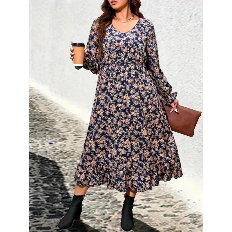 Plus Size 1XL-5XL Casual Dress Women's Plus Floral Print Lantern Sleeve V Neck Smock Dress