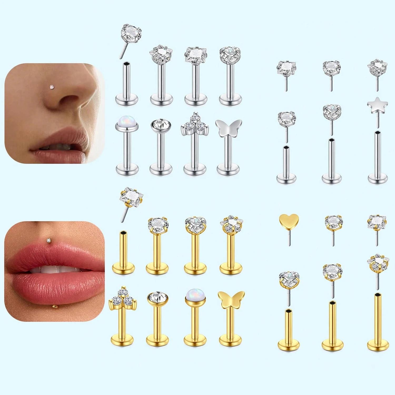 16G 18G Push in Threadless Nose Rings Studs Hypoallergenic Flat Back Nose Piercing, 304 Stainless Steel Piercing Jewelry