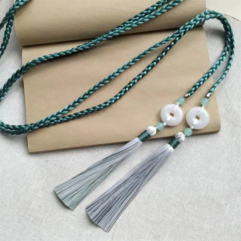 Vintage handgewebter Hanfu-Gürtel im chinesischen Stil mit traditionellem Ping-An-Anhänger, Taillenseil mit Quasten für Männer und Frauen. – Detail 3