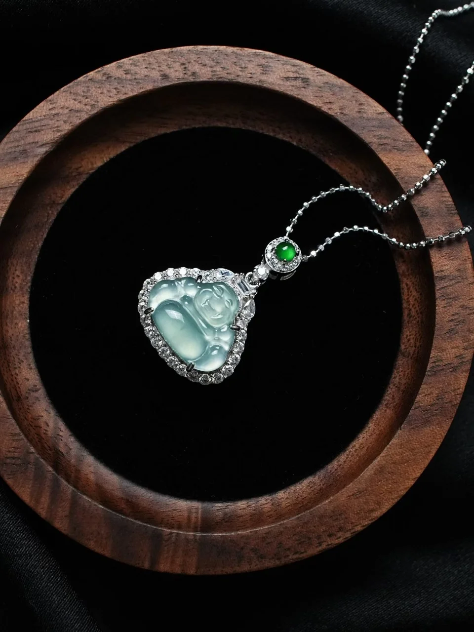 Certified 925 Silver Natural High-Icy Blue Water Jadeite Pendant of Necklaces Laughing Buddha Lucky Amulet Charm Chinese Jewelry