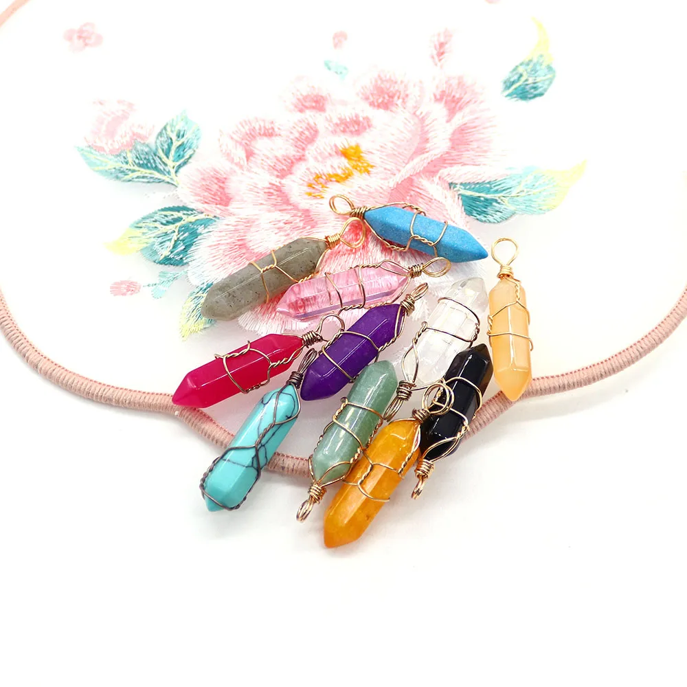 Exquisite Natural Stone Crystal Turquoise Polished Double-pointed Prismatic Handmade Wire-wrapped Single-hole Pendant Jewelry