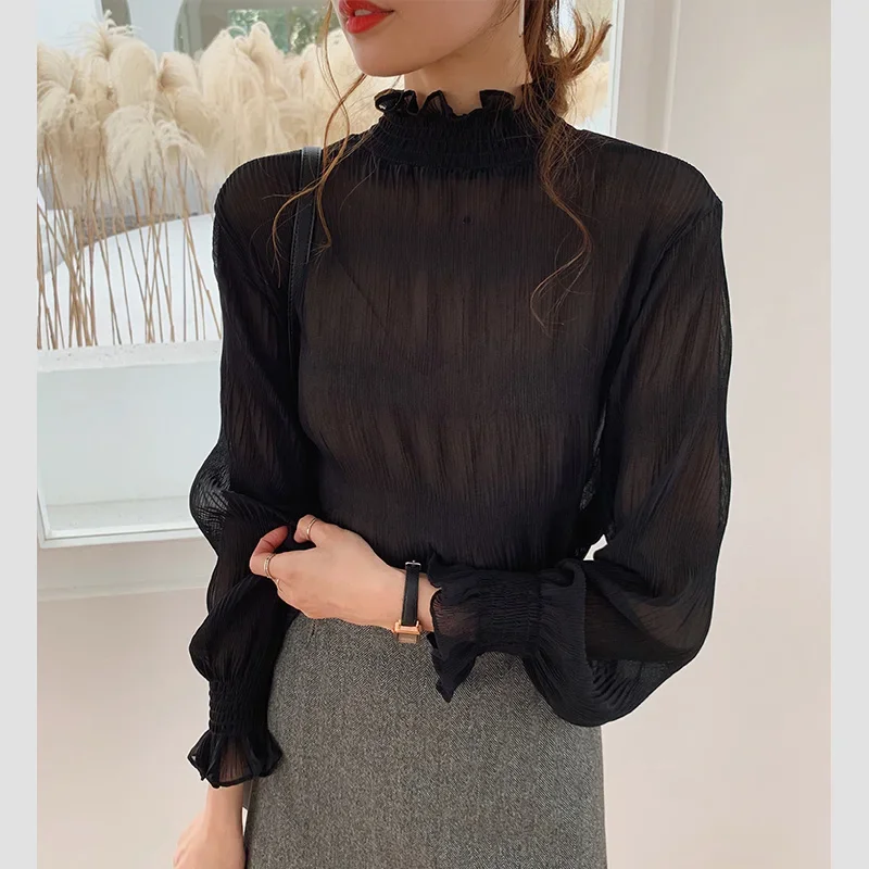 Blusa de gasa de manga larga para mujer, camisa de cuello alto, ropa de trabajo, informal, elegante, Corea, nuevo