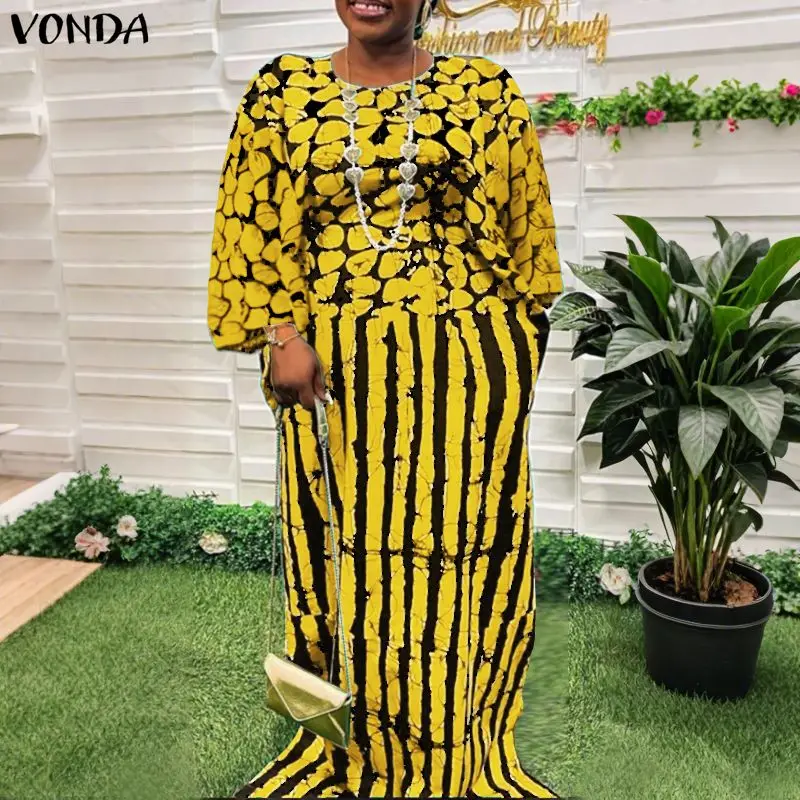 

Plus Size 5XL Women Dress Vintage Printed Sundress 2025 VONDA Bohemian 3/4 Sleeve Robe Casual O Neck Long Party Vestidos
