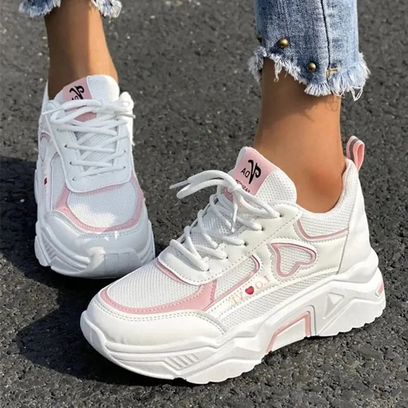 heart white pink platform sneakers Lace-up Front Wedge Sneakers Women Breath Thick Bottom Shoes Lace-Up Flat Leisure Shoes