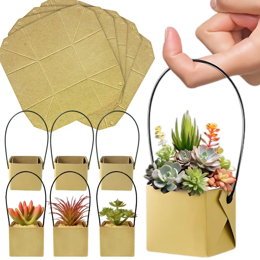 10pcs Kraft Paper Flower Basket with Handle for Mini Potted Plants, Wedding Favors, Birthday Party, Garden Decoration YMY