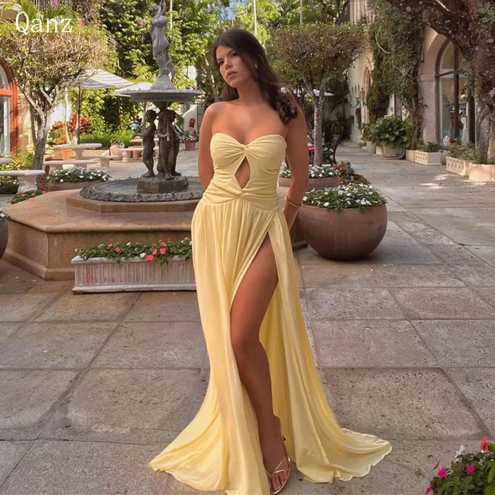 

Qazn Sexy Silk Chiffon Evening Dresses Yellow High Leg Slit Prom Dresses Mermaid Pleat Strapless Event Party Dress Women 2024