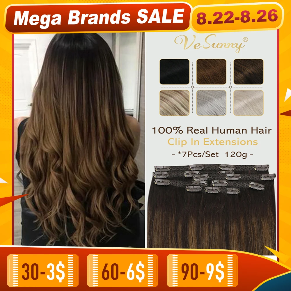 VeSunny Clip in Hair Extensions Human Hair 100% Remy Wigs Caramel Blonde Double Weft Clip in Brown Hair Extensions 7pcs/Set