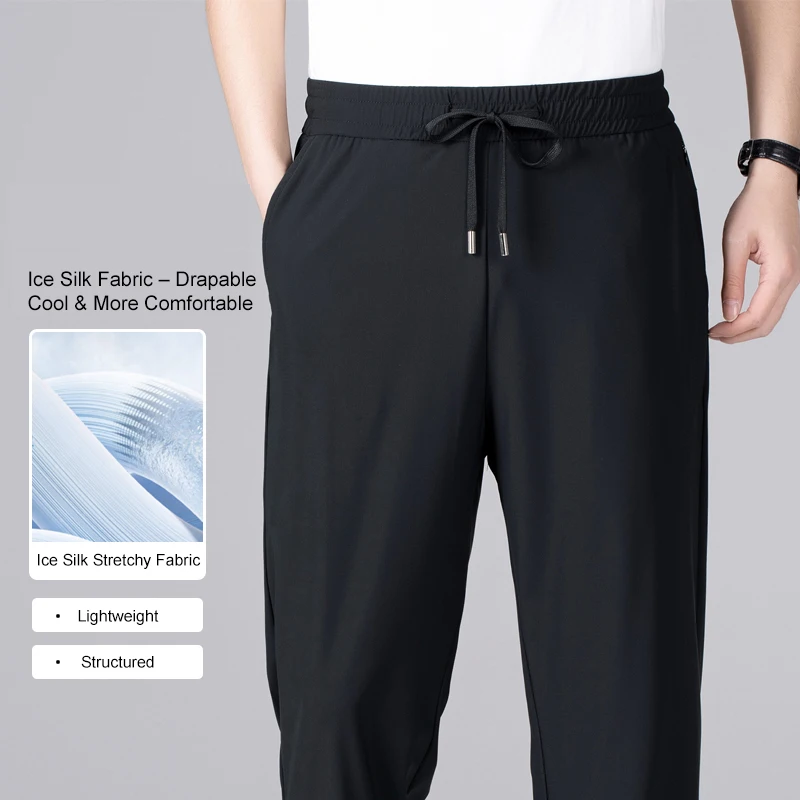

Summer Ice Silk Sweatpants Mens Quickly Dry Trousers Elastic Waist Drawstring Straight Pants Breathable Ultra Thin Plus Size 9XL